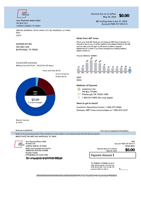 USA AEP Texas electricity business utility bill template in Word and PDF formats